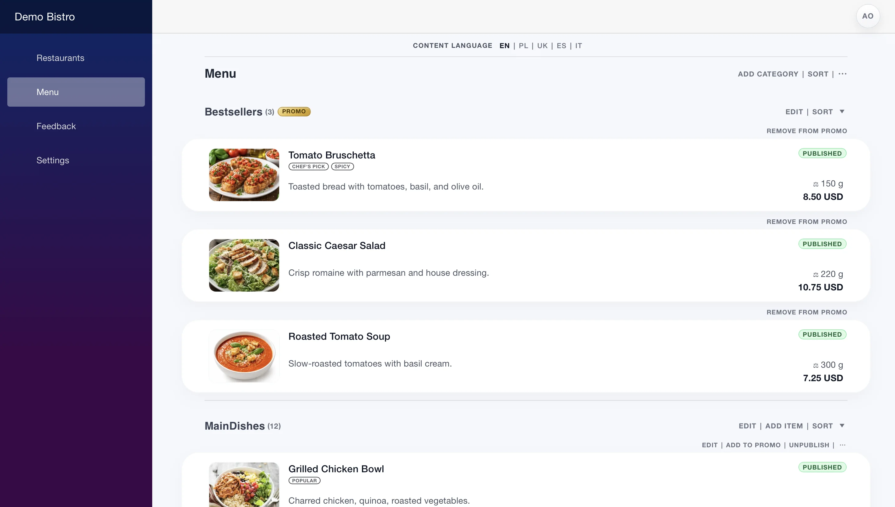 Admin panel menu editor