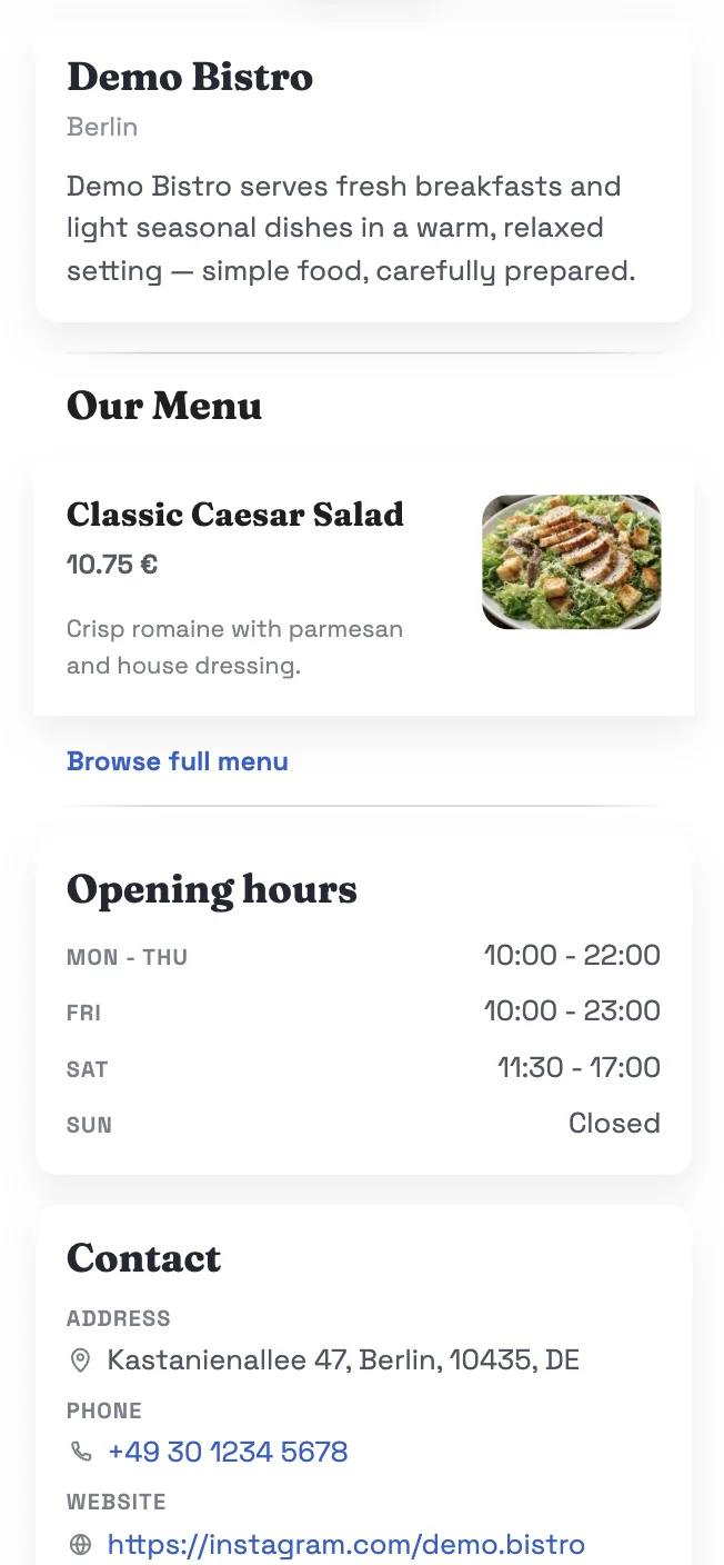 Restaurant mini-site
